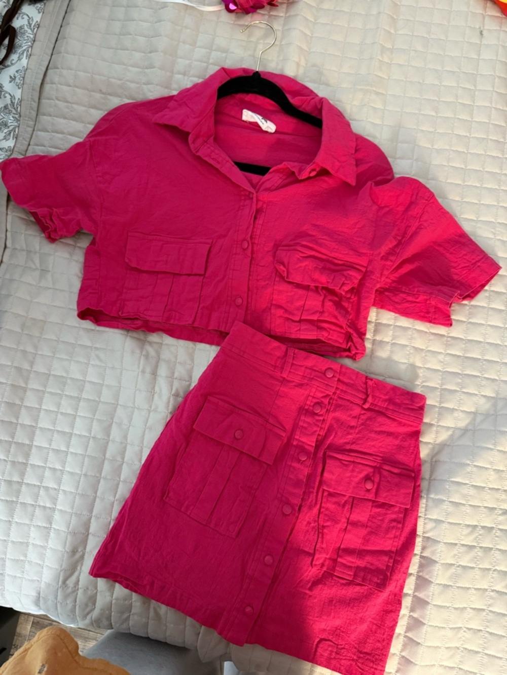Showpo Hot Pink Two-Piece Crop Shirt & Skirt Set